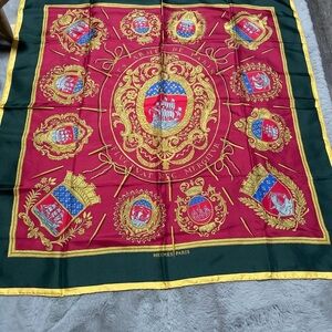 Hermes Red, Green & Gold Silk Scarf